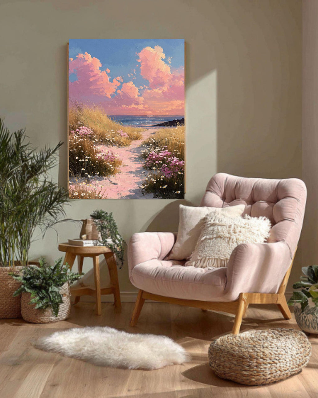 Pink Coastal Beach, Wildflower Landscape Painting, Spring Seascape Wall Art