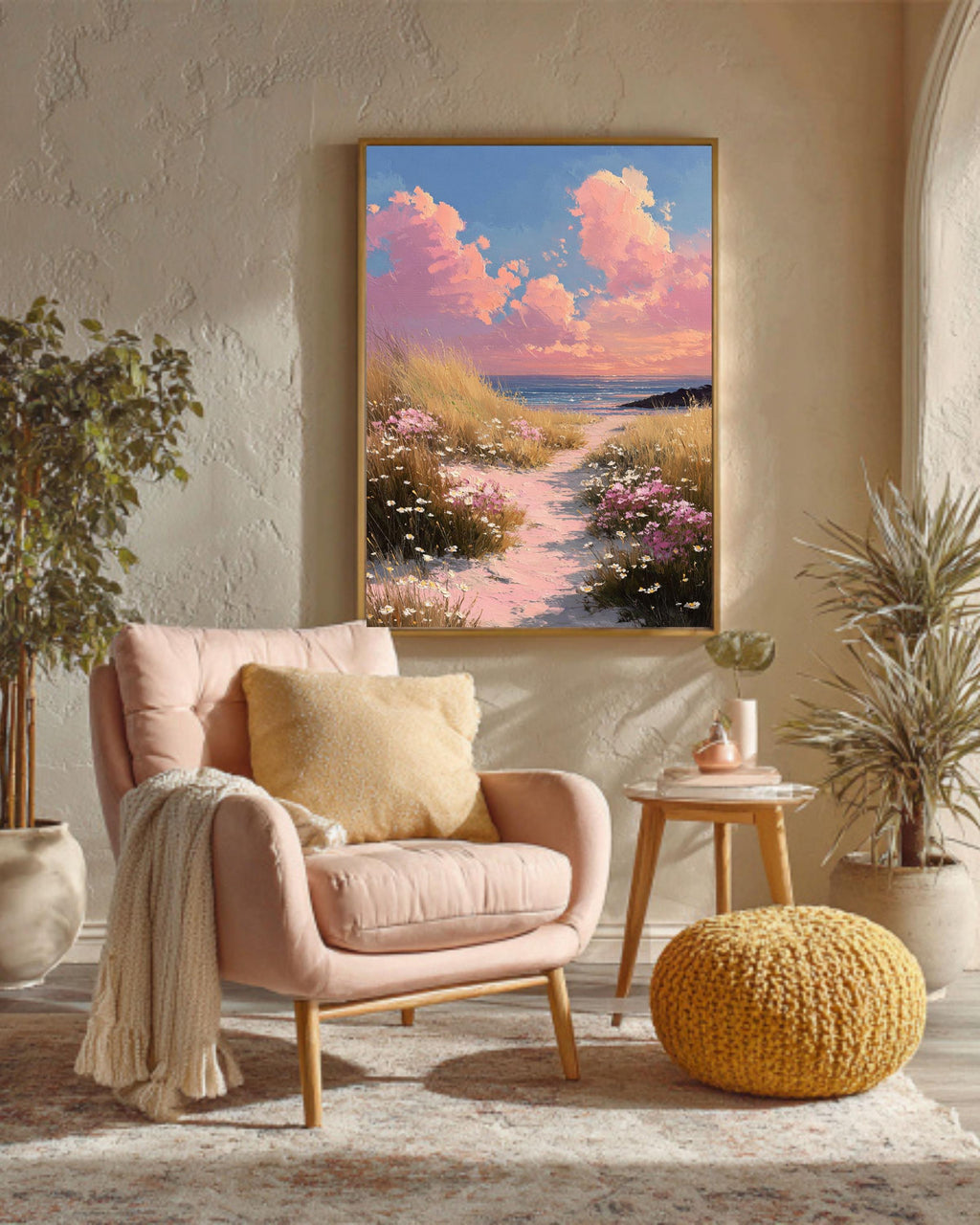 Pink Coastal Beach, Wildflower Landscape Painting, Spring Seascape Wall Art