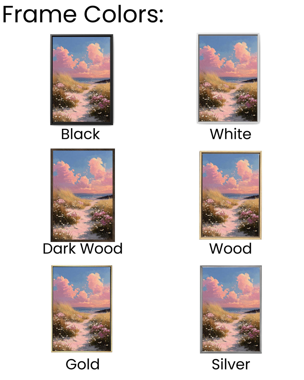 Pink Coastal Beach, Wildflower Landscape Painting, Spring Seascape Wall Art