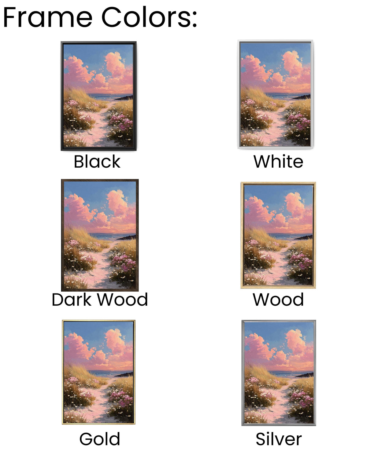 Pink Coastal Beach, Wildflower Landscape Painting, Spring Seascape Wall Art