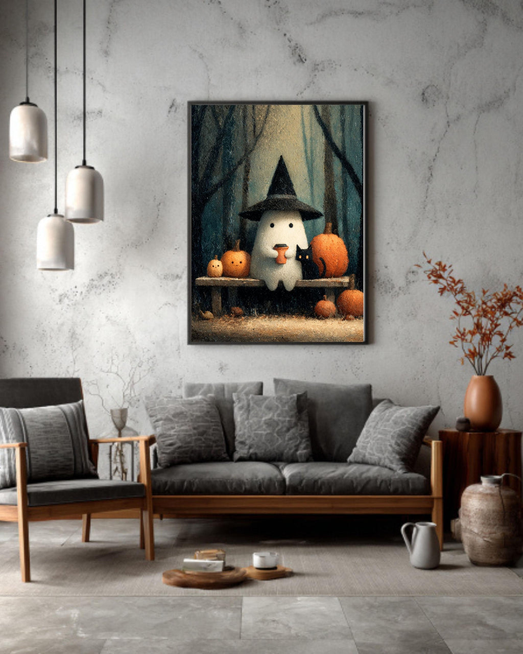 Vintage Halloween Ghost Print, Coffee, Black Cat Canvas Wall Art