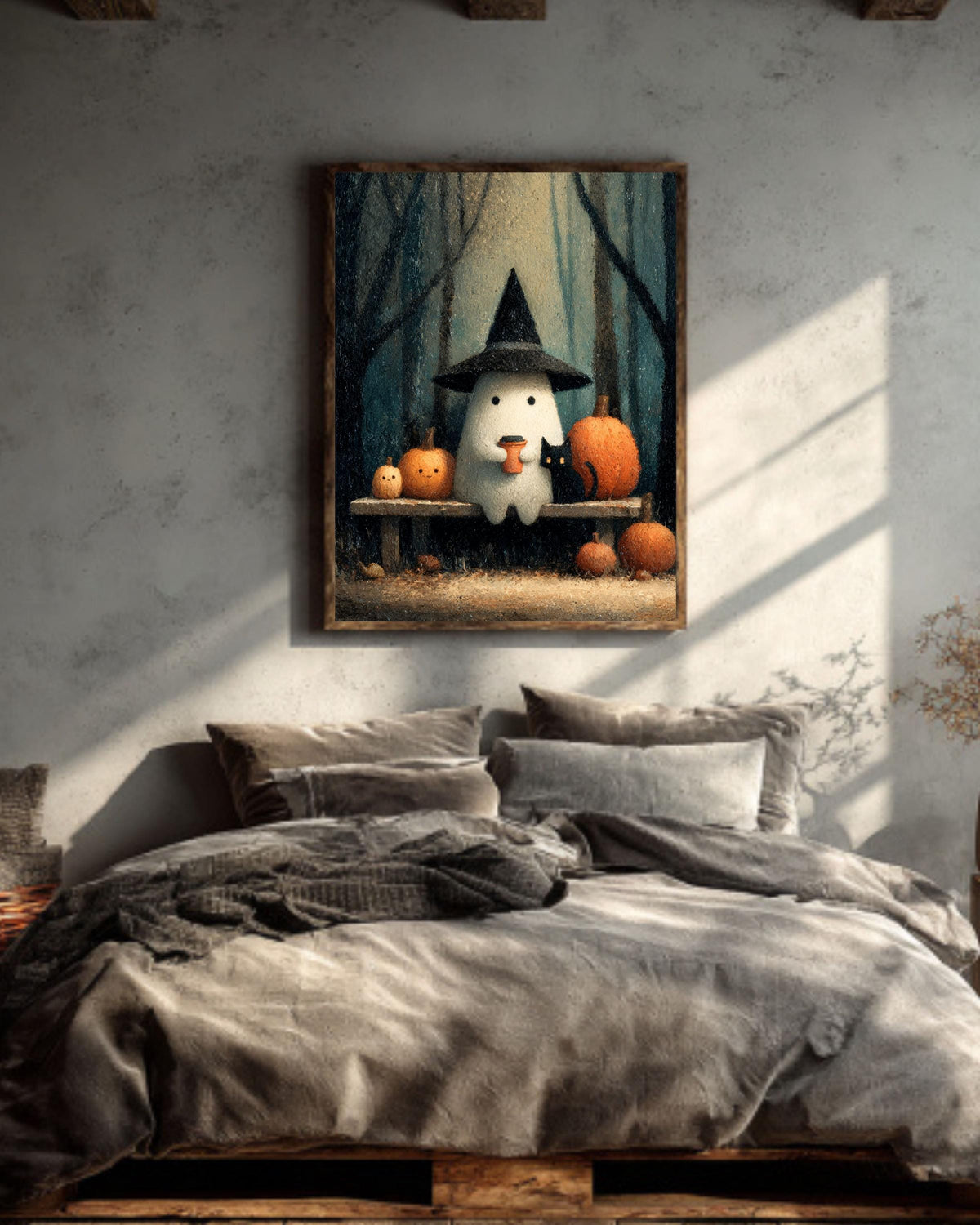 Vintage Halloween Ghost Print, Coffee, Black Cat Canvas Wall Art