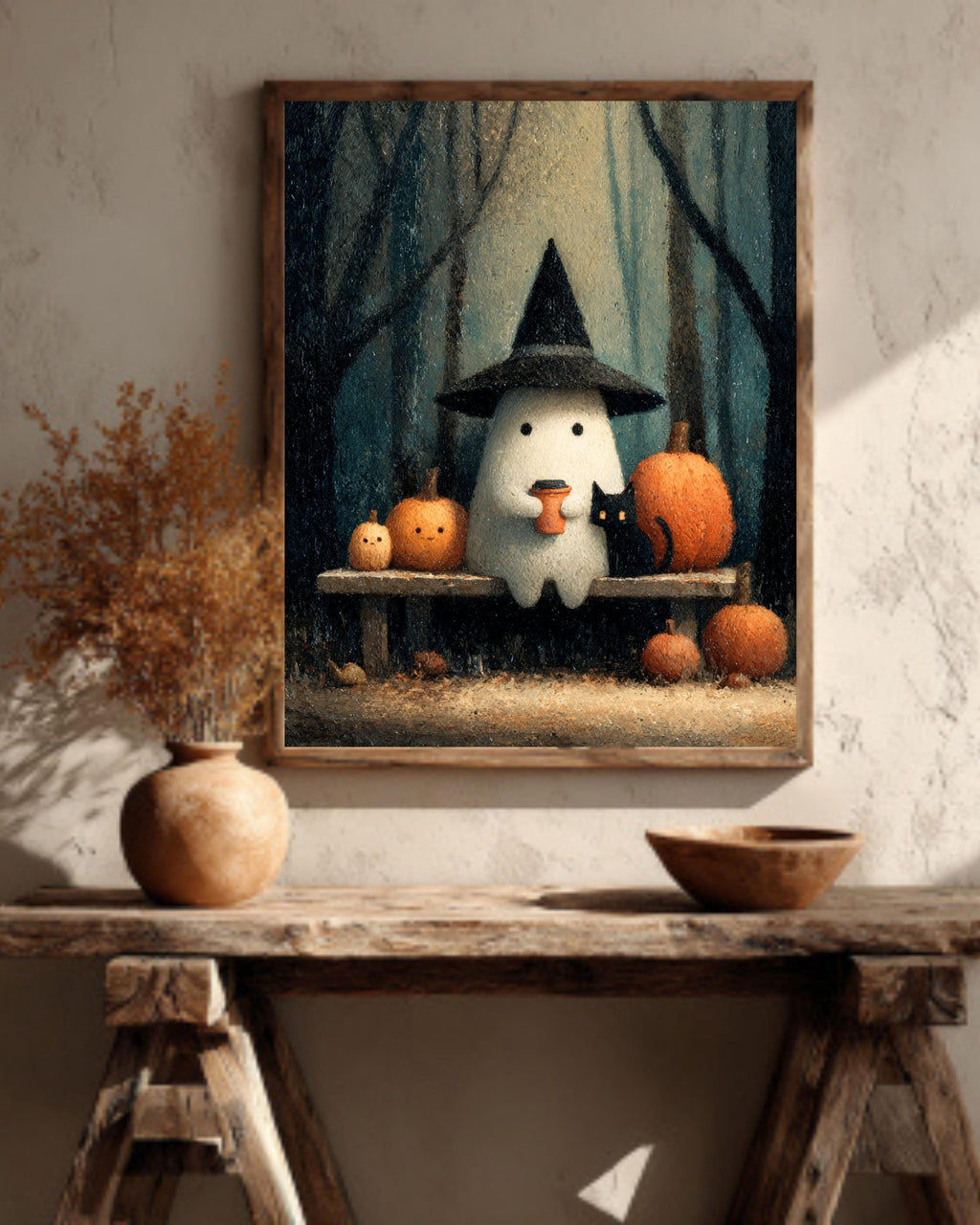 Vintage Halloween Ghost Print, Coffee, Black Cat Canvas Wall Art