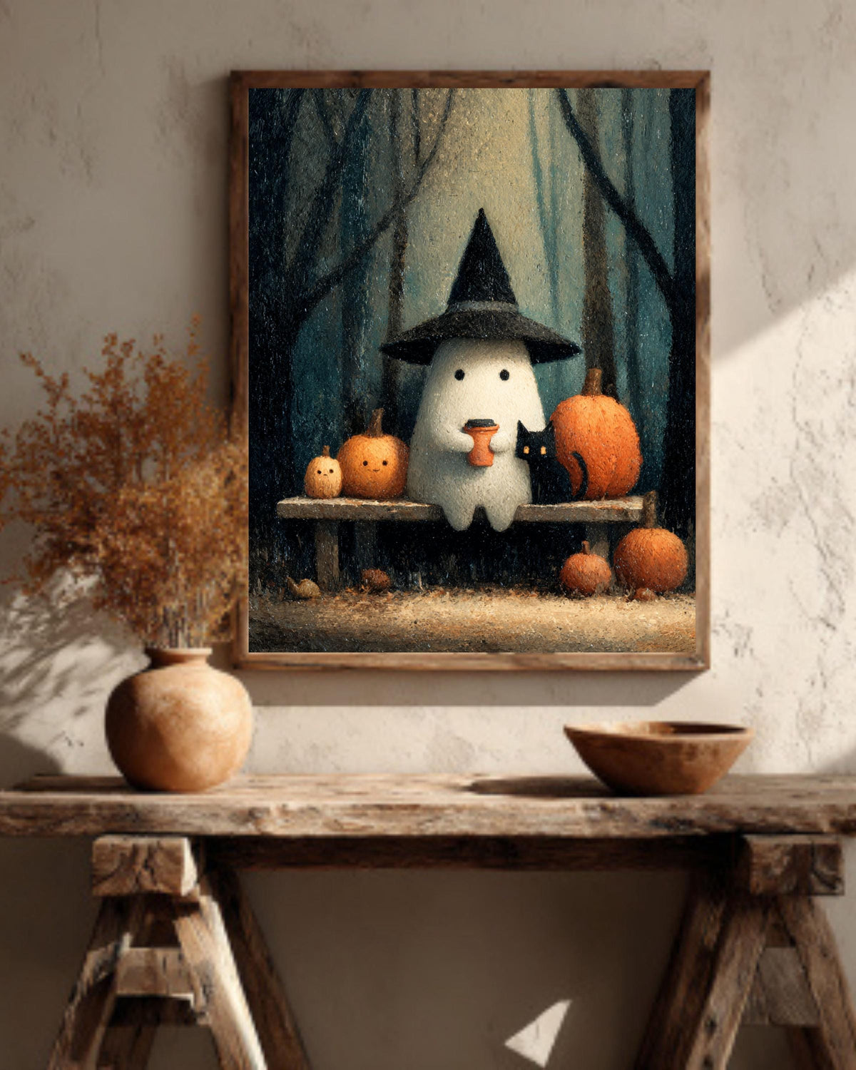 Vintage Halloween Ghost Print, Coffee, Black Cat Canvas Wall Art