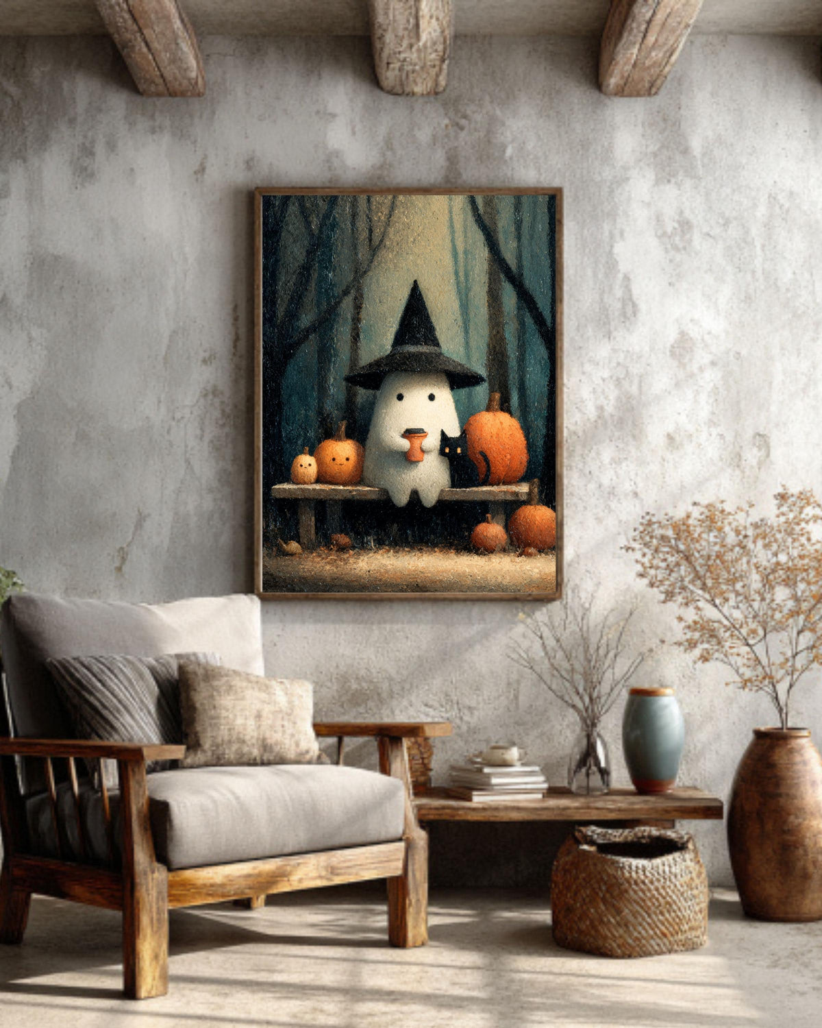 Vintage Halloween Ghost Print, Coffee, Black Cat Canvas Wall Art