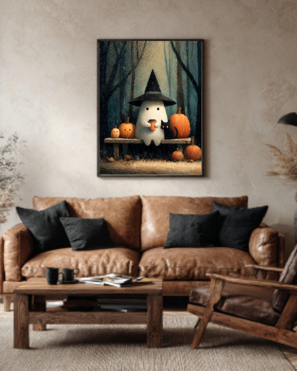 Vintage Halloween Ghost Print, Coffee, Black Cat Canvas Wall Art