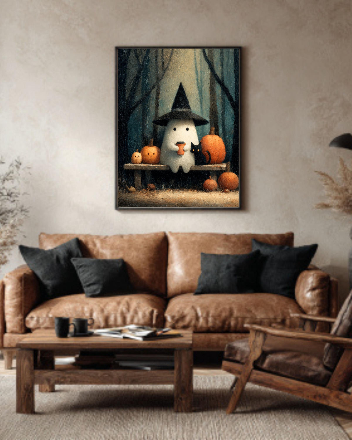Vintage Halloween Ghost Print, Coffee, Black Cat Canvas Wall Art