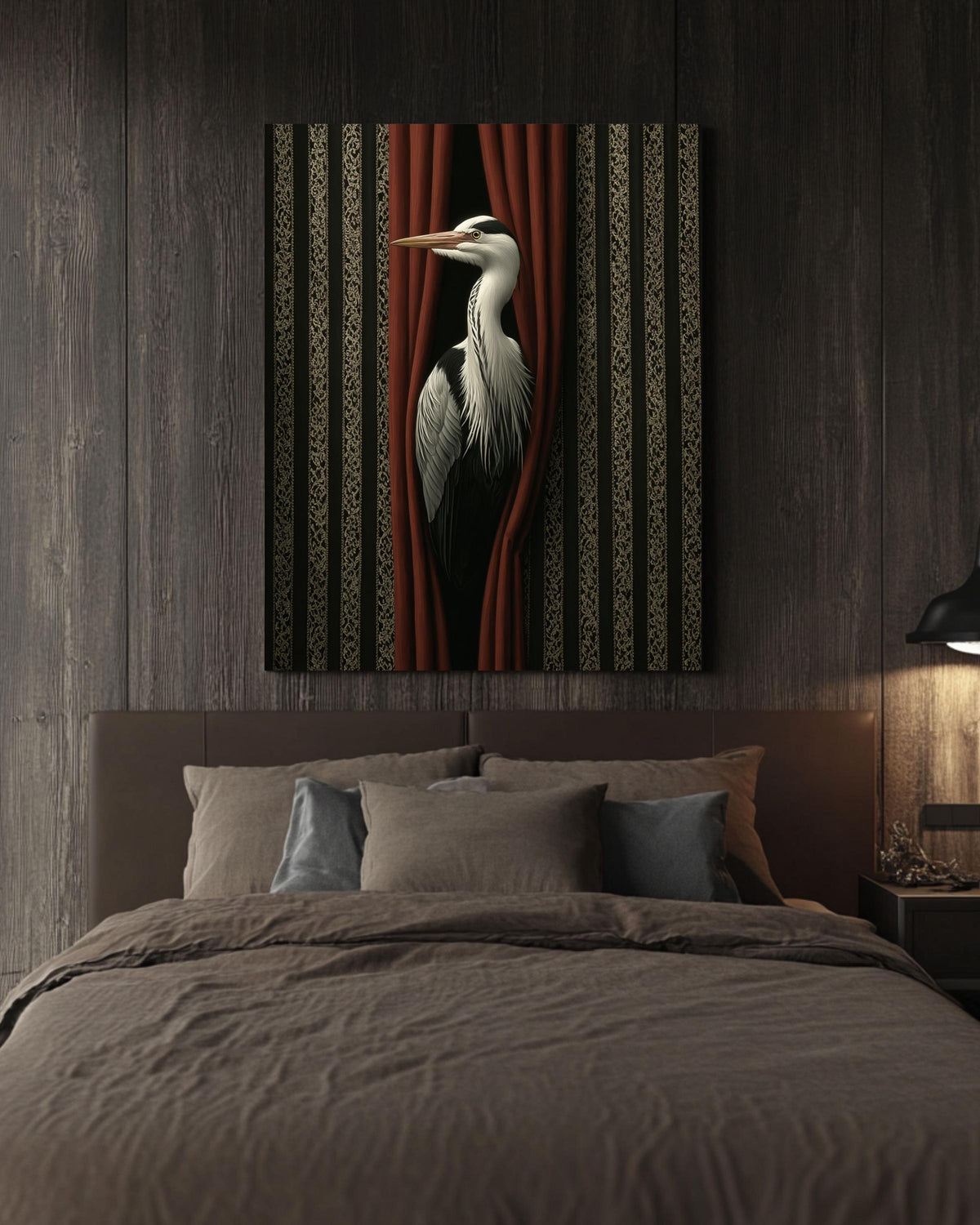Surreal Bird Print, Vintage Striped, Modern Abstract Artwork