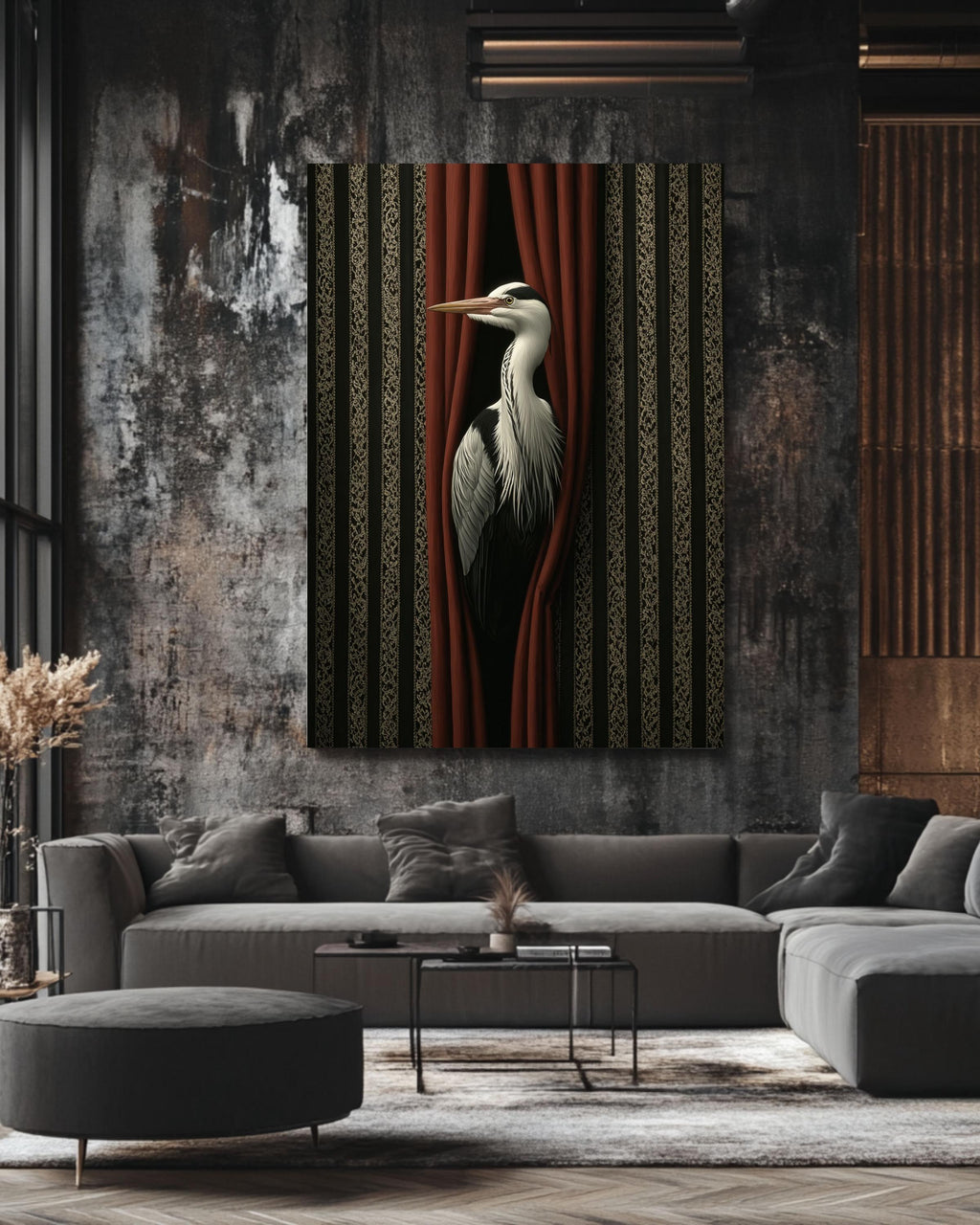 Surreal Bird Print, Vintage Striped, Modern Abstract Artwork