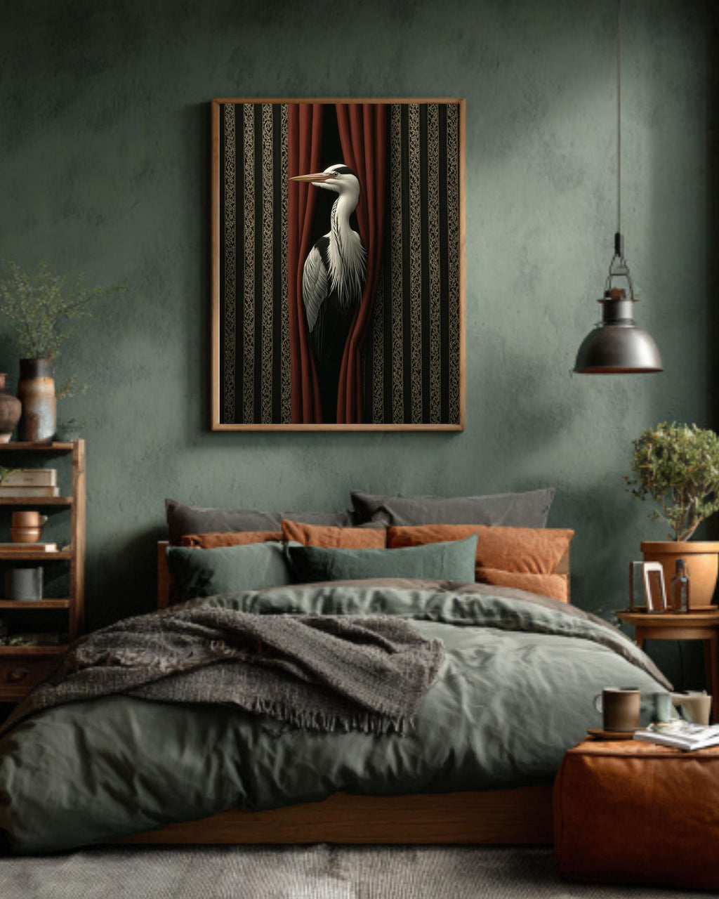Surreal Bird Print, Vintage Striped, Modern Abstract Artwork