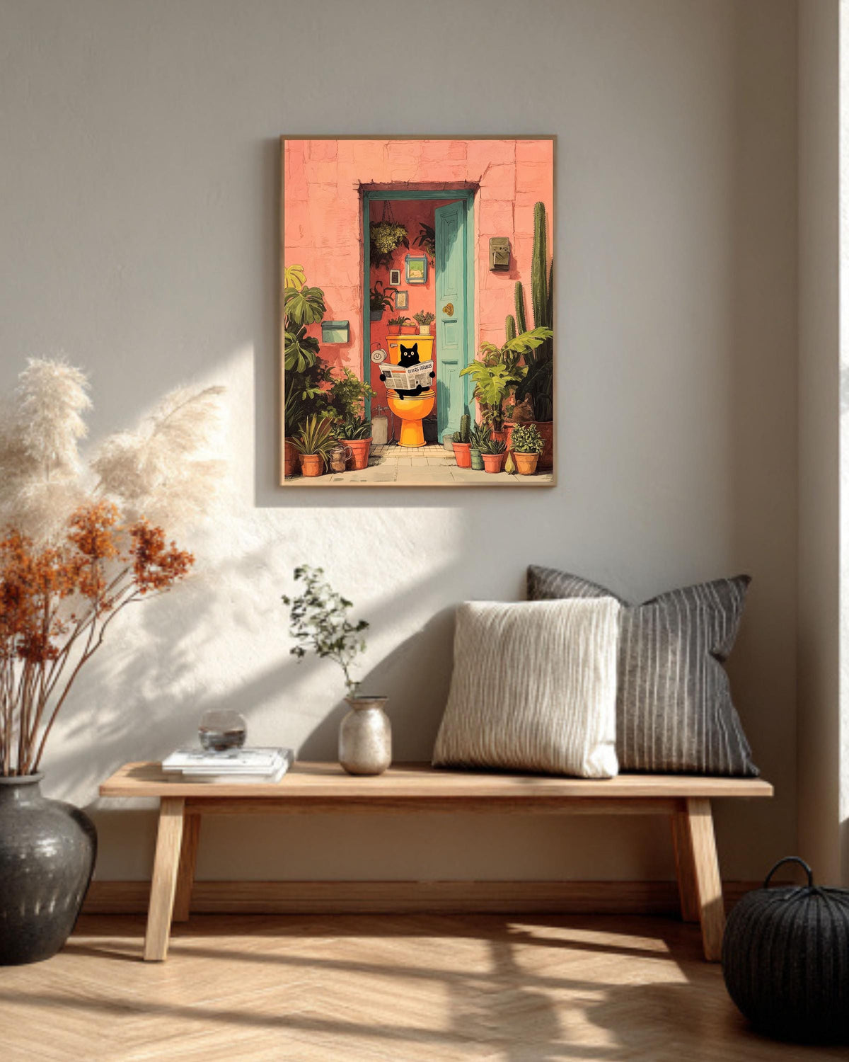 Funny Cat Art, Black Cat on Toilet, Pink Tropical Bathroom Print