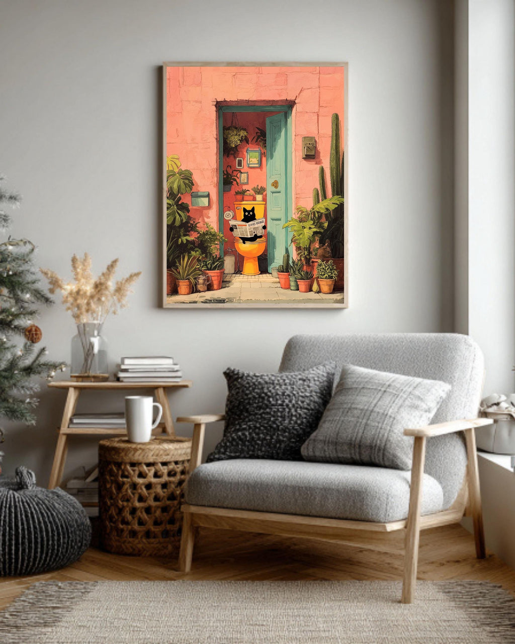 Funny Cat Art, Black Cat on Toilet, Pink Tropical Bathroom Print