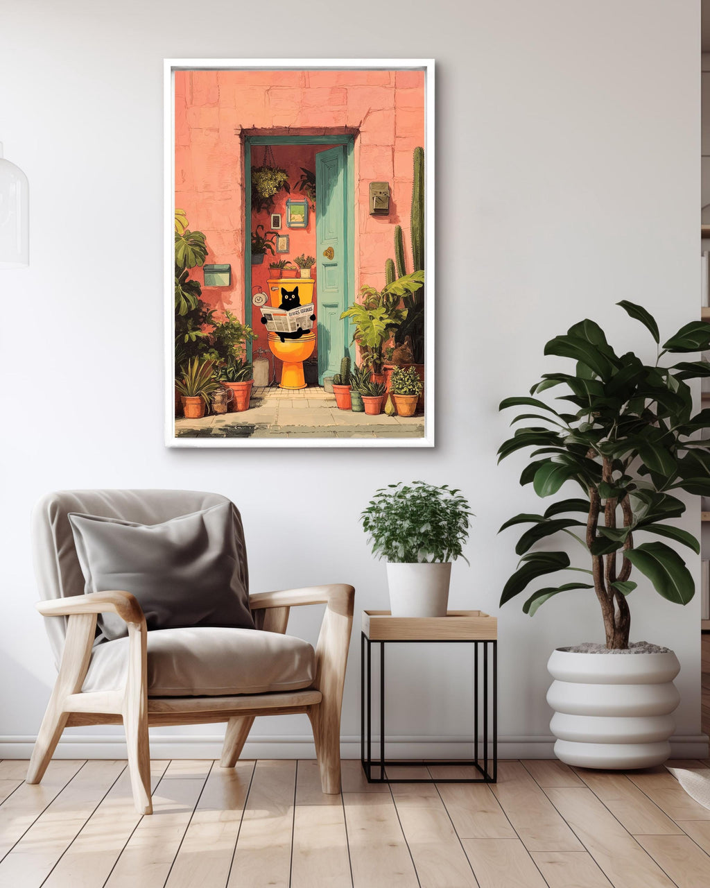 Funny Cat Art, Black Cat on Toilet, Pink Tropical Bathroom Print