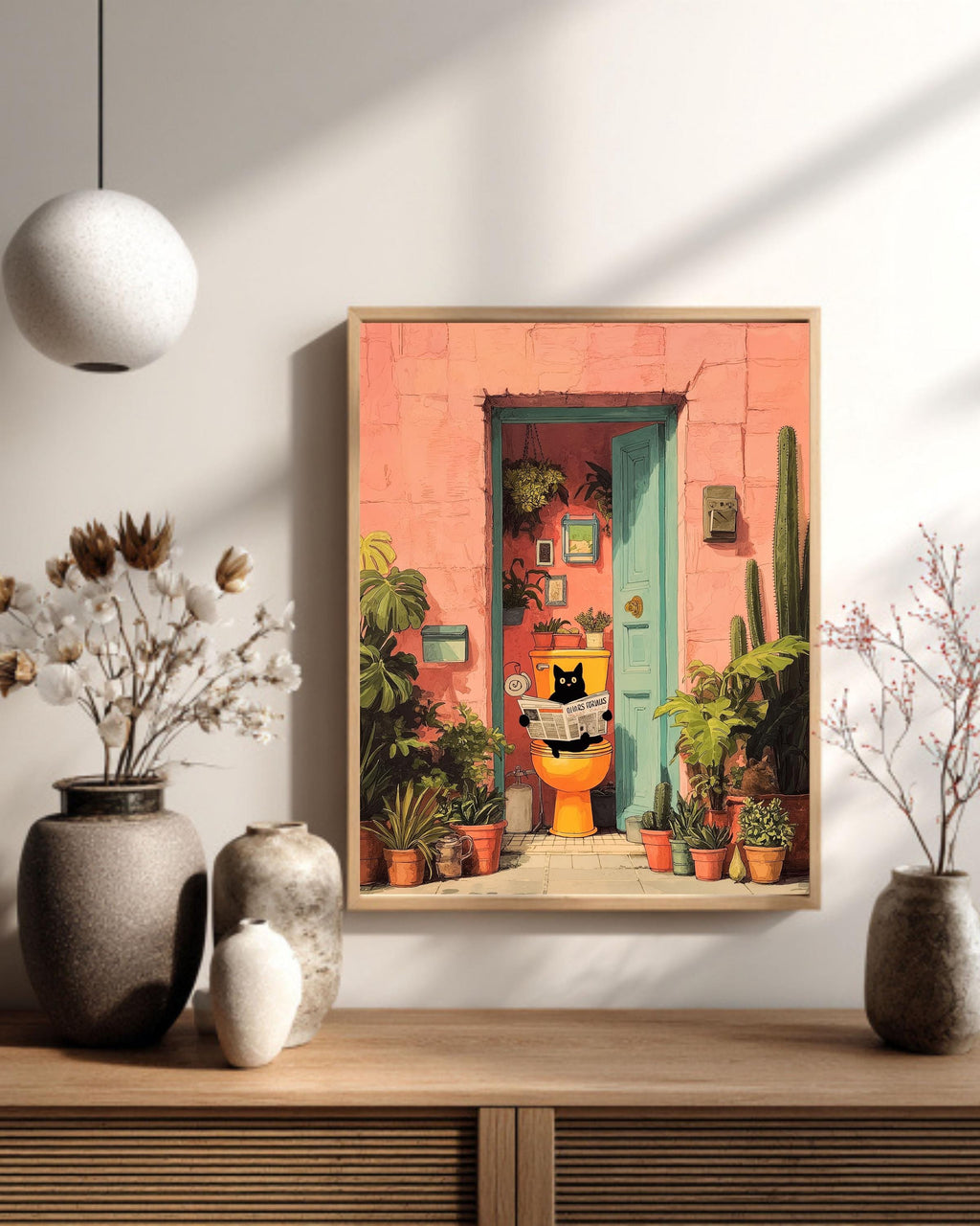 Funny Cat Art, Black Cat on Toilet, Pink Tropical Bathroom Print