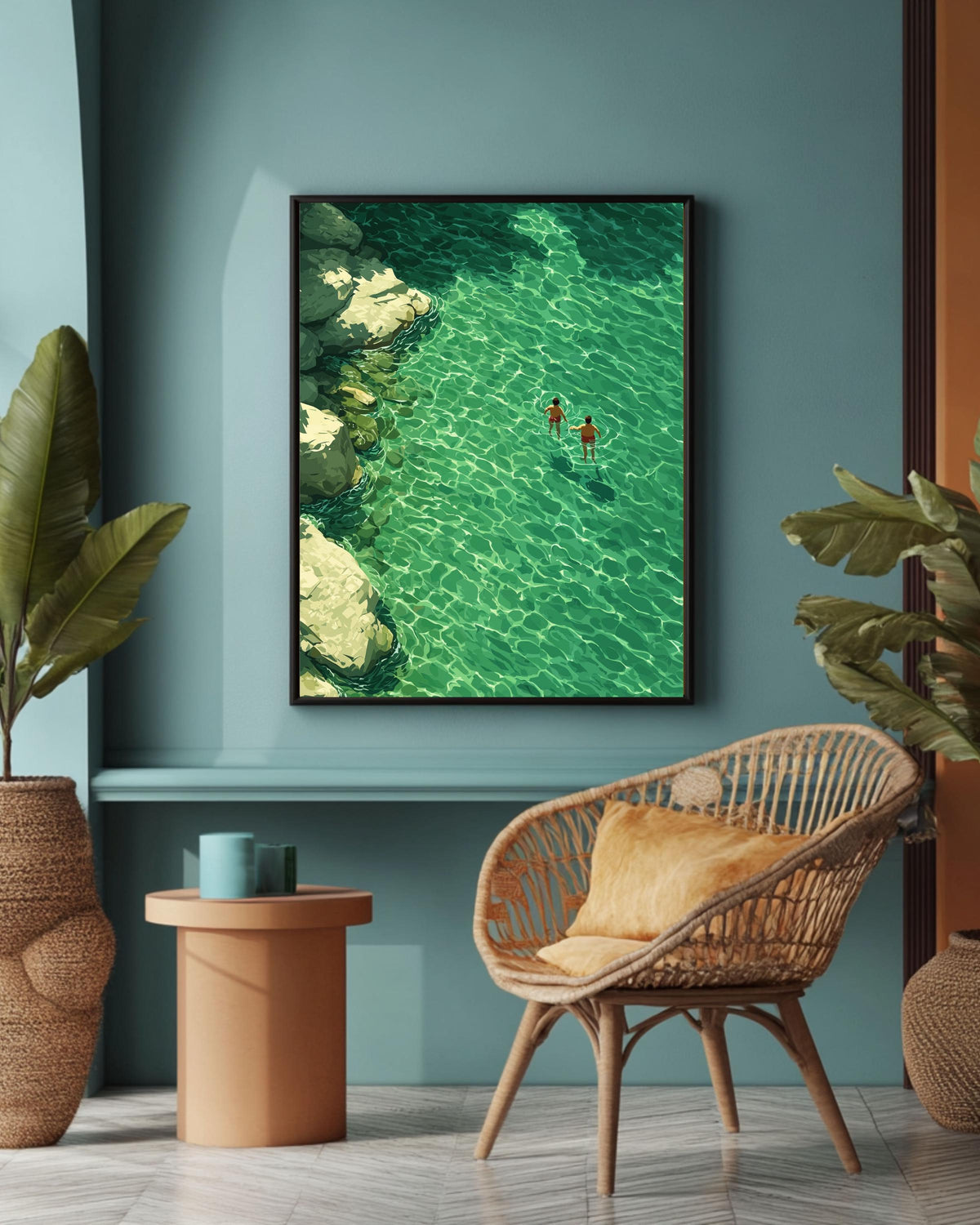 Swimming Abstract, Green Water Painting, Minimalist Retro Art