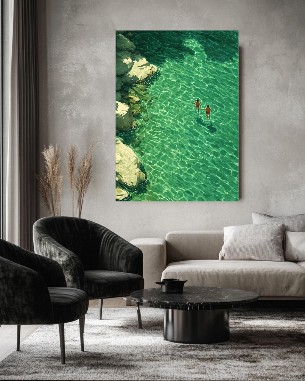 Swimming Abstract, Green Water Painting, Minimalist Retro Art