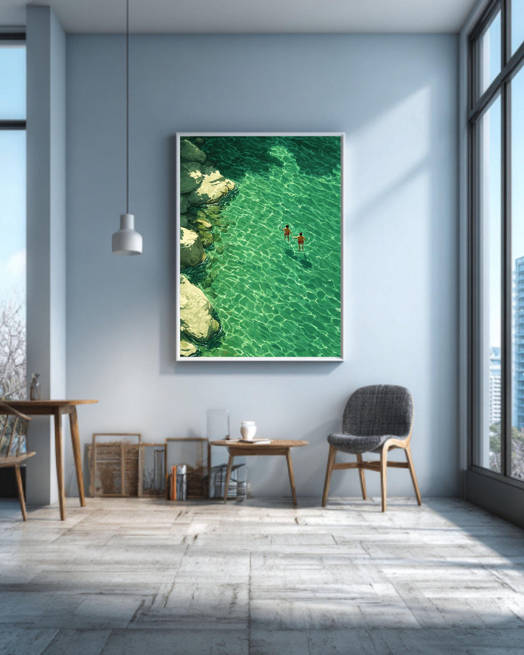 Swimming Abstract, Green Water Painting, Minimalist Retro Art