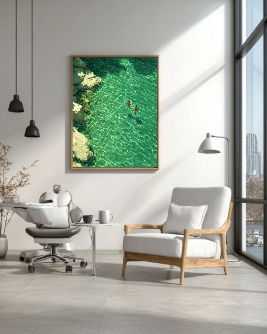 Swimming Abstract, Green Water Painting, Minimalist Retro Art