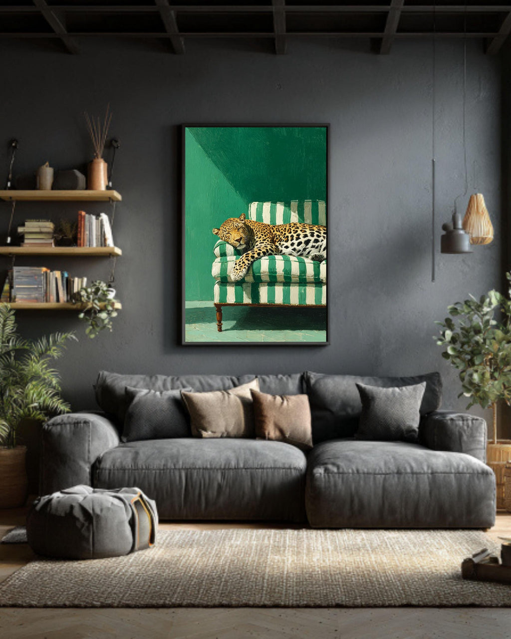 Sleepy Leopard Poster, Emerald Green Wall Art, Modern Maximalist Print