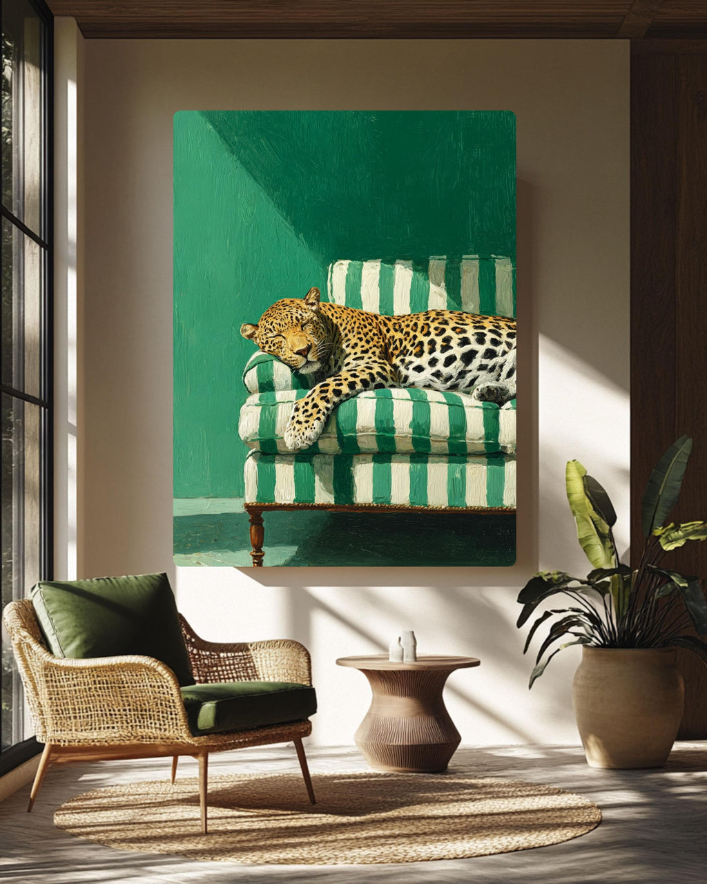 Sleepy Leopard Poster, Emerald Green Wall Art, Modern Maximalist Print
