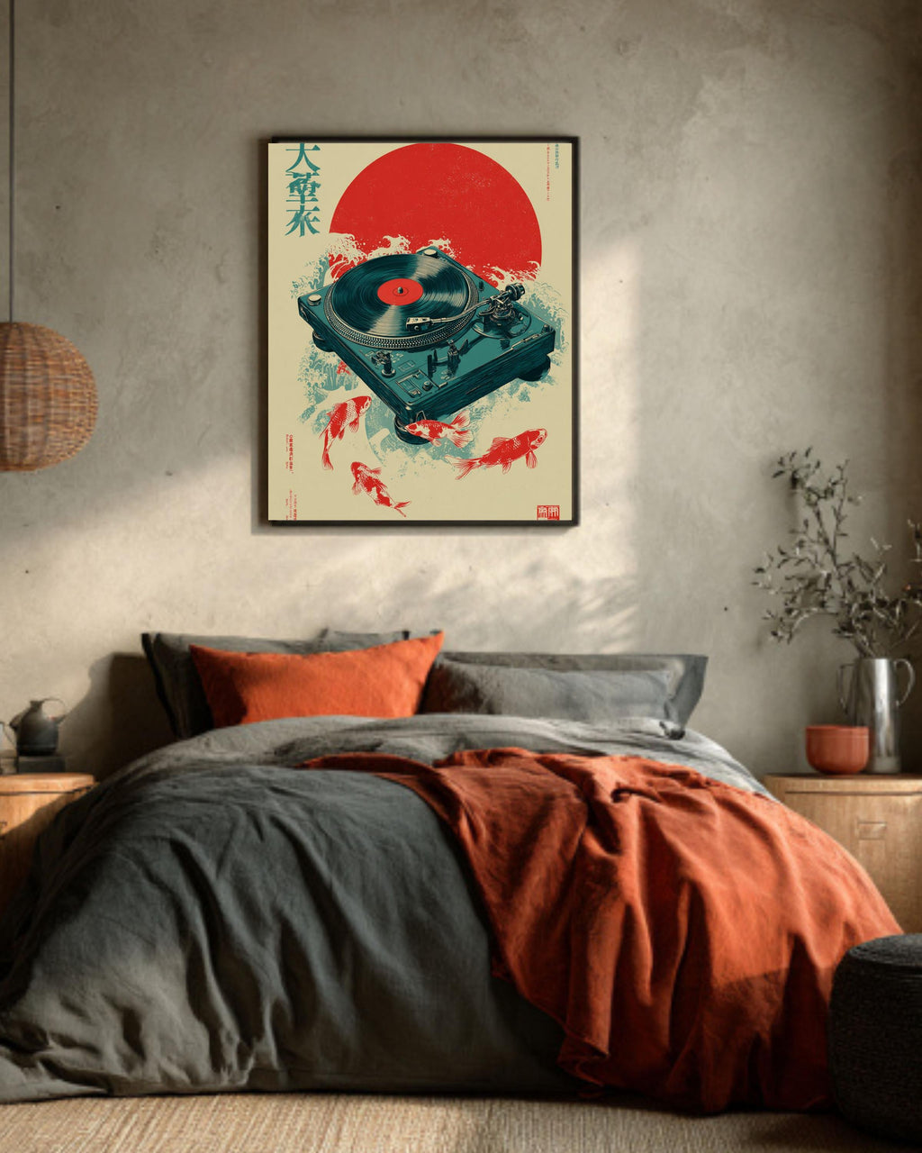 Koi Fish Vinyl Turntable Canvas, Japanese Zen Art