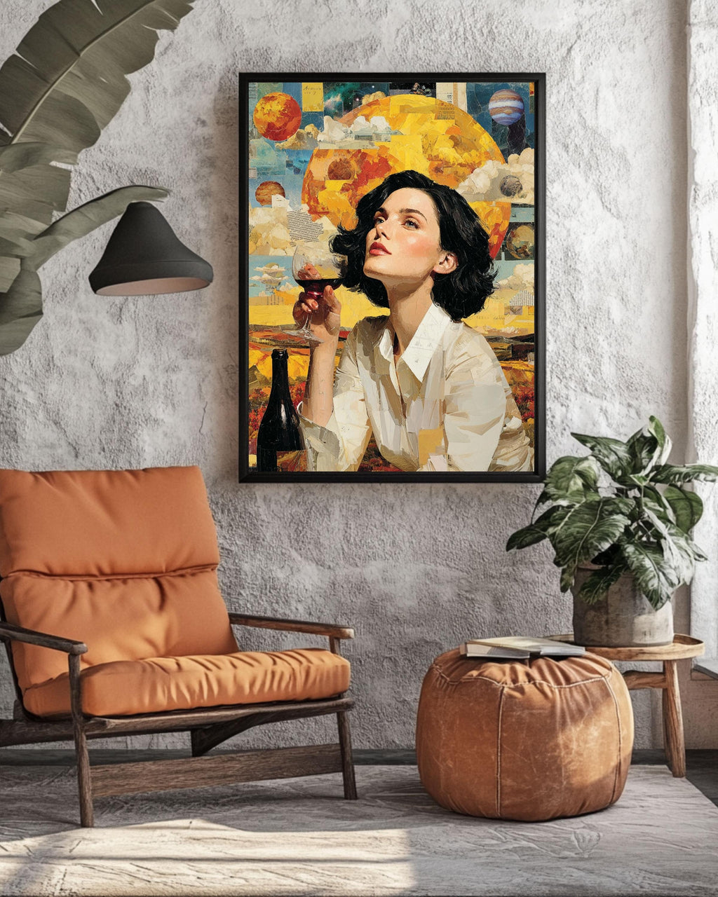 Surreal Woman Drinking Wine Canvas, Cosmic Planets Art, Modern Wall Decor