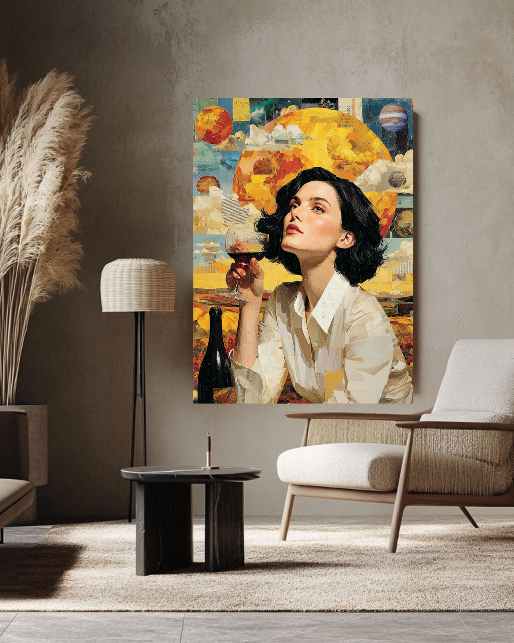 Surreal Woman Drinking Wine Canvas, Cosmic Planets Art, Modern Wall Decor