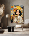 Surreal Woman Drinking Wine Canvas, Cosmic Planets Art, Modern Wall Decor