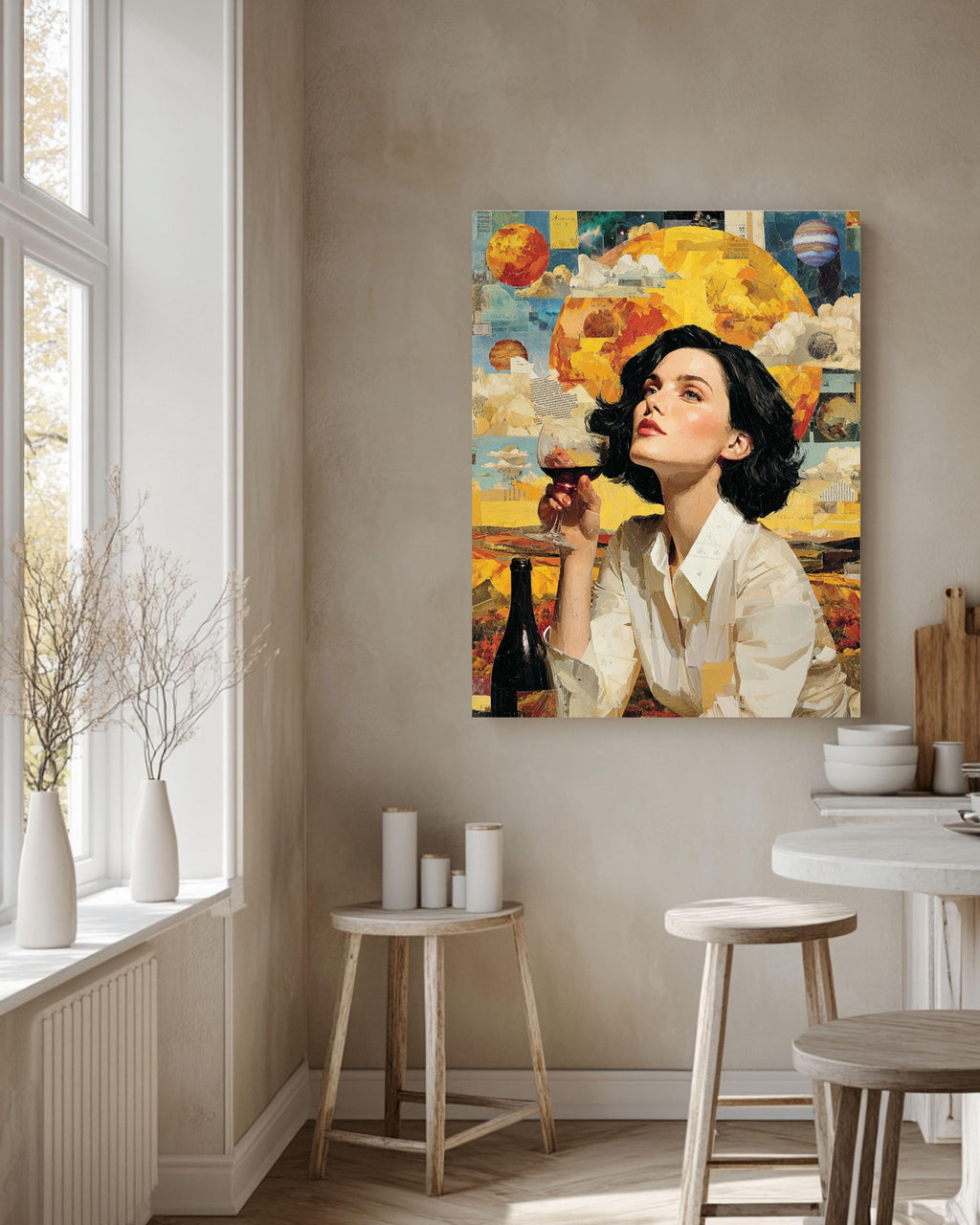 Surreal Woman Drinking Wine Canvas, Cosmic Planets Art, Modern Wall Decor