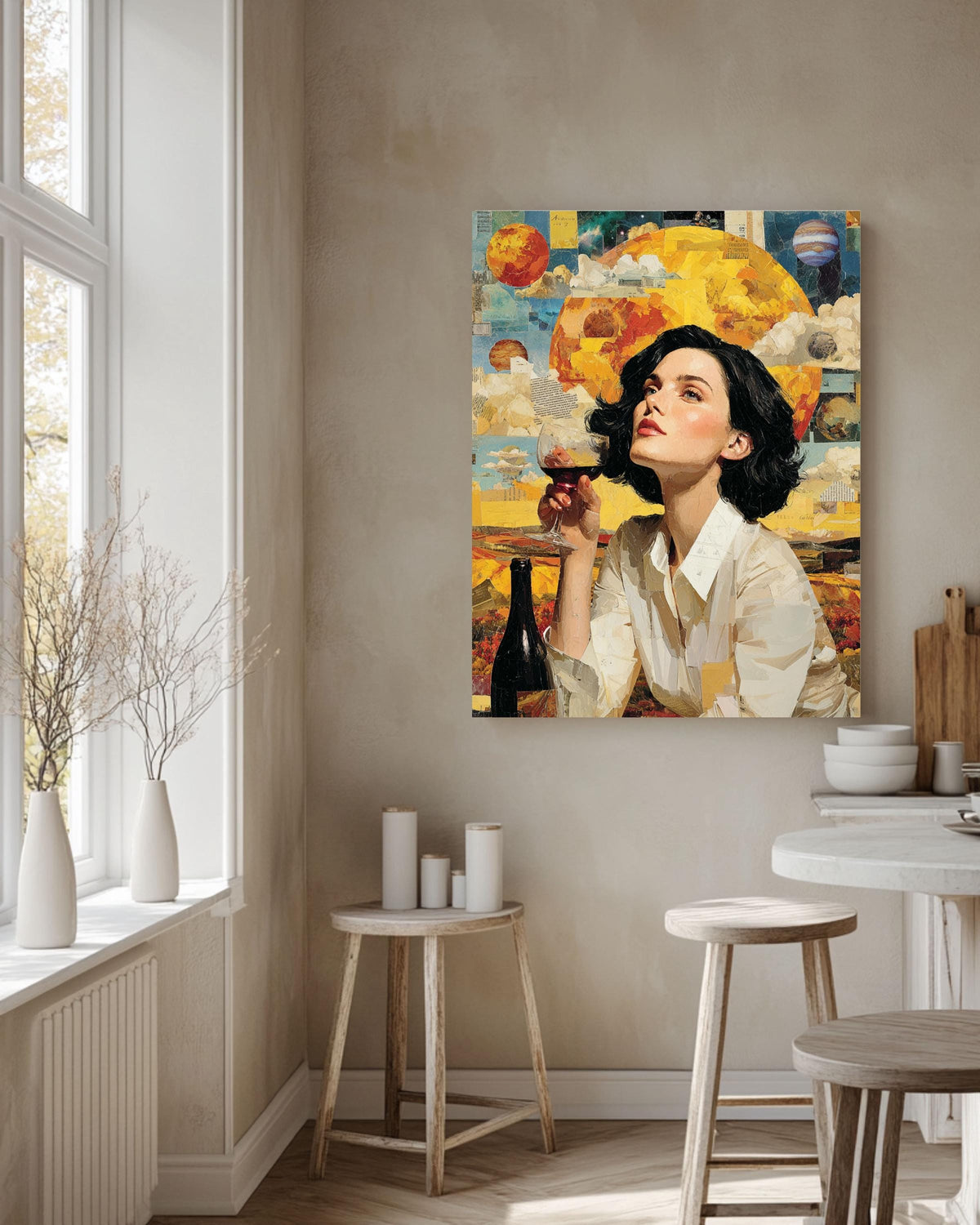 Surreal Woman Drinking Wine Canvas, Cosmic Planets Art, Modern Wall Decor