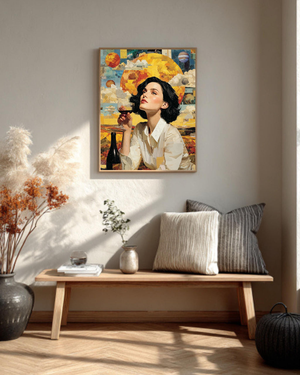 Surreal Woman Drinking Wine Canvas, Cosmic Planets Art, Modern Wall Decor