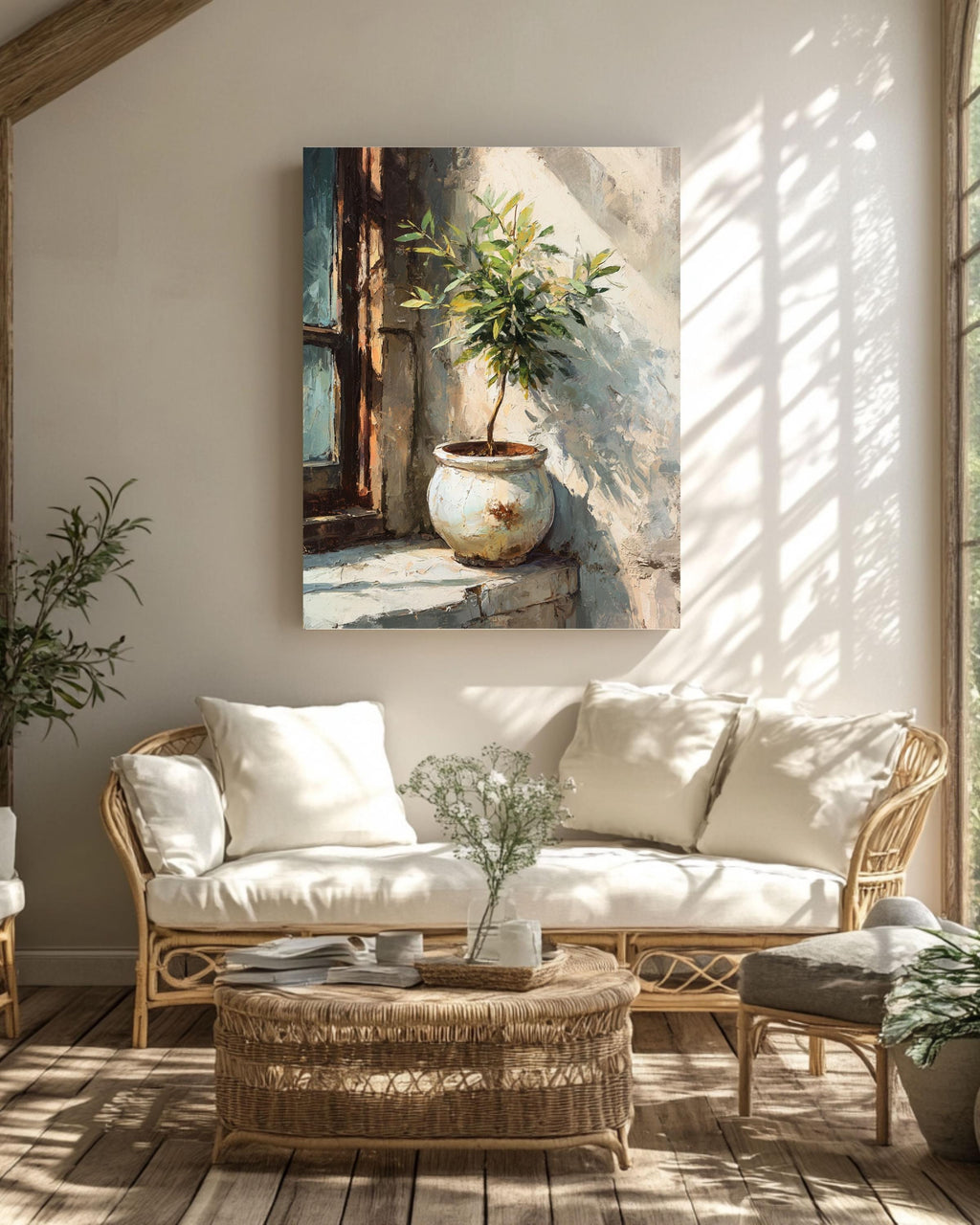 Olive Tree Canvas Print, Rustic Pot, Mediterranean Window Artwork