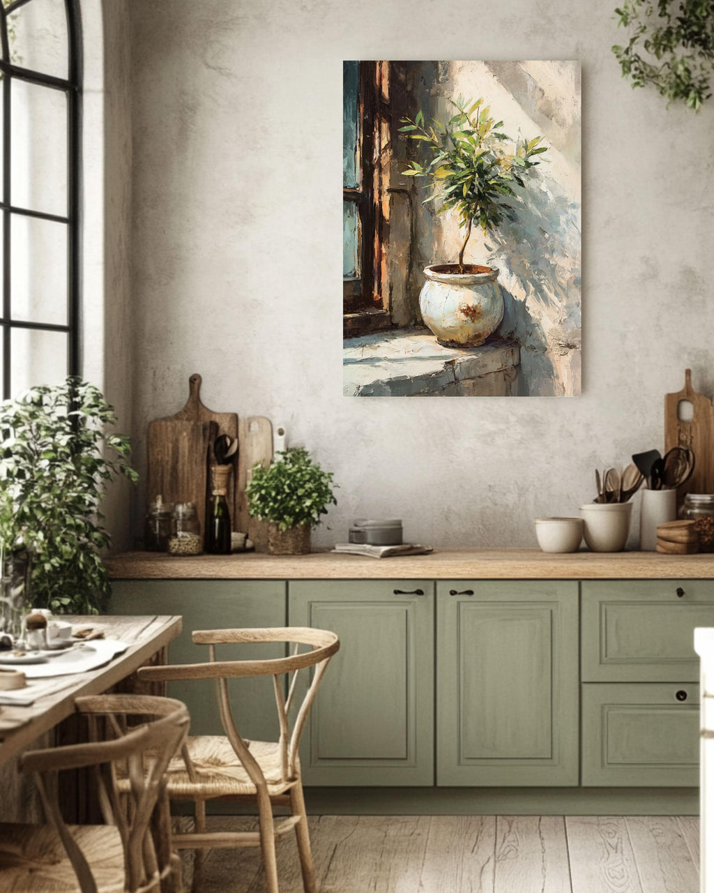 Olive Tree Canvas Print, Rustic Pot, Mediterranean Window Artwork