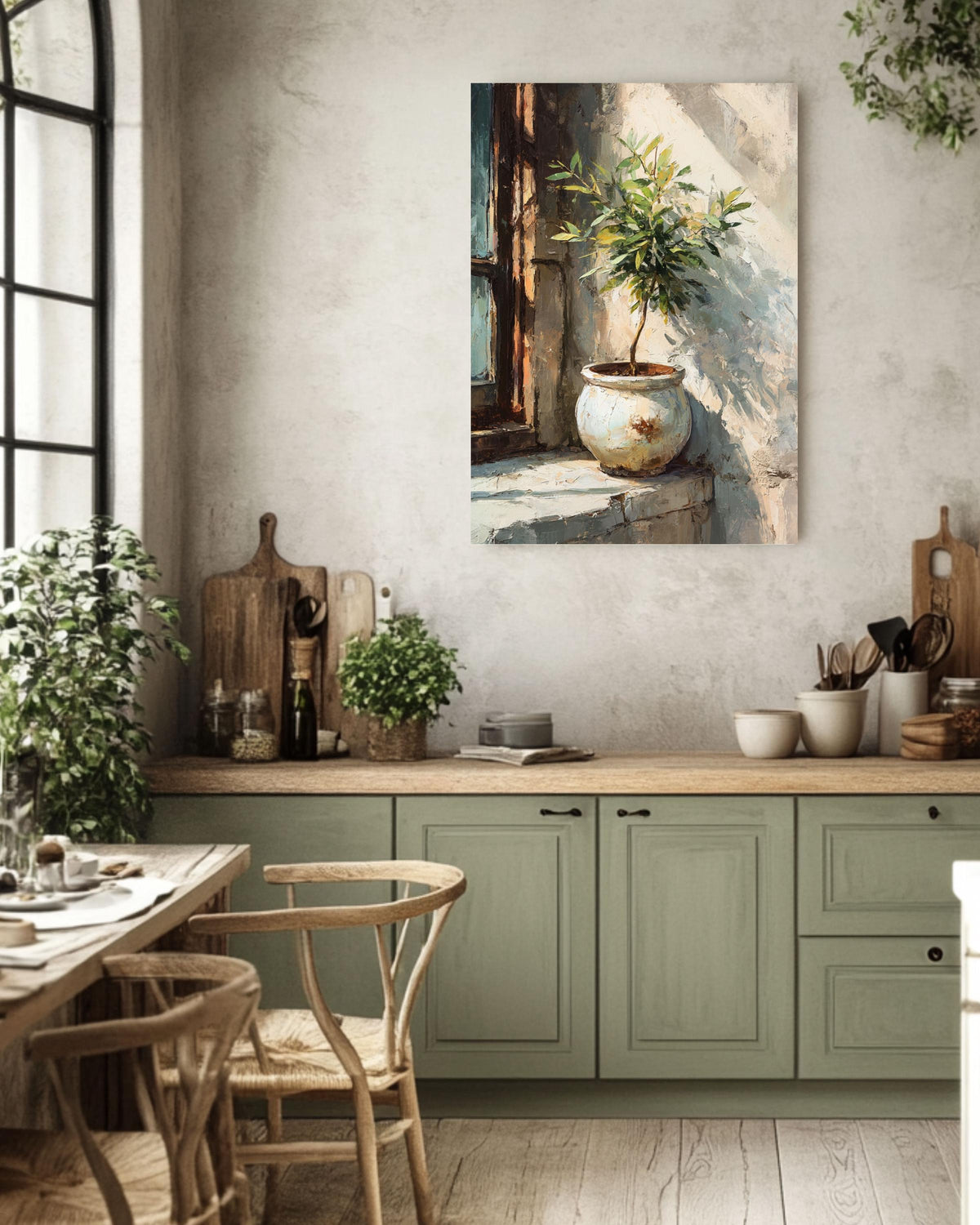 Olive Tree Canvas Print, Rustic Pot, Mediterranean Window Artwork