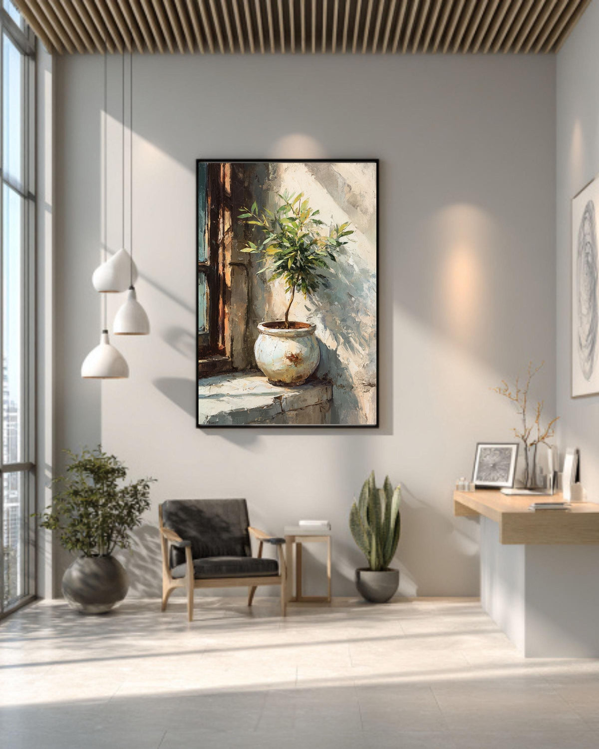 Olive Tree Canvas Print, Rustic Pot, Mediterranean Window Artwork