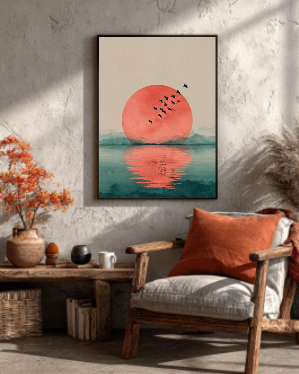 Japandi Red Sun Canvas Wall Art, Minimalist Flying Birds, Zen Decor