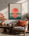Japandi Red Sun Canvas Wall Art, Minimalist Flying Birds, Zen Decor