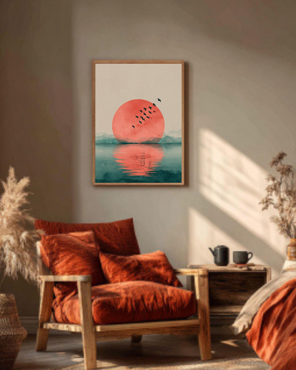 Japandi Red Sun Canvas Wall Art, Minimalist Flying Birds, Zen Decor