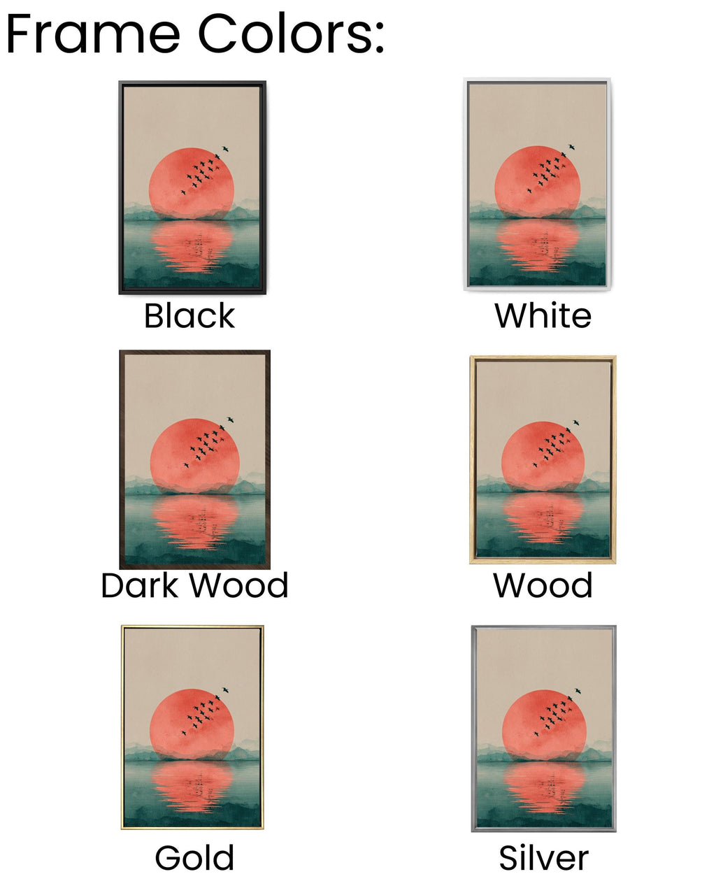 Japandi Red Sun Canvas Wall Art, Minimalist Flying Birds, Zen Decor