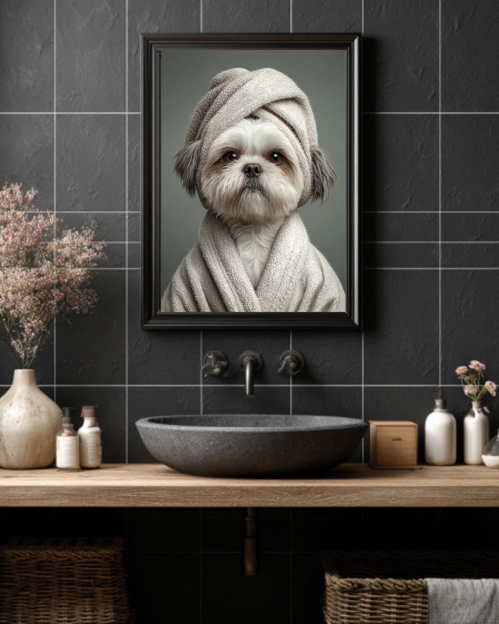 Shih Tzu Dog Canvas Print, Funny Spa Robe Pet Portrait