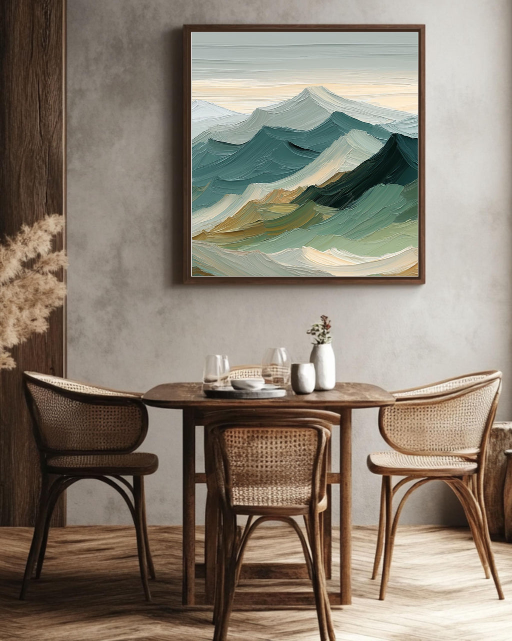 Sage Green Mountain Canvas Art: Japandi Landscape Painting