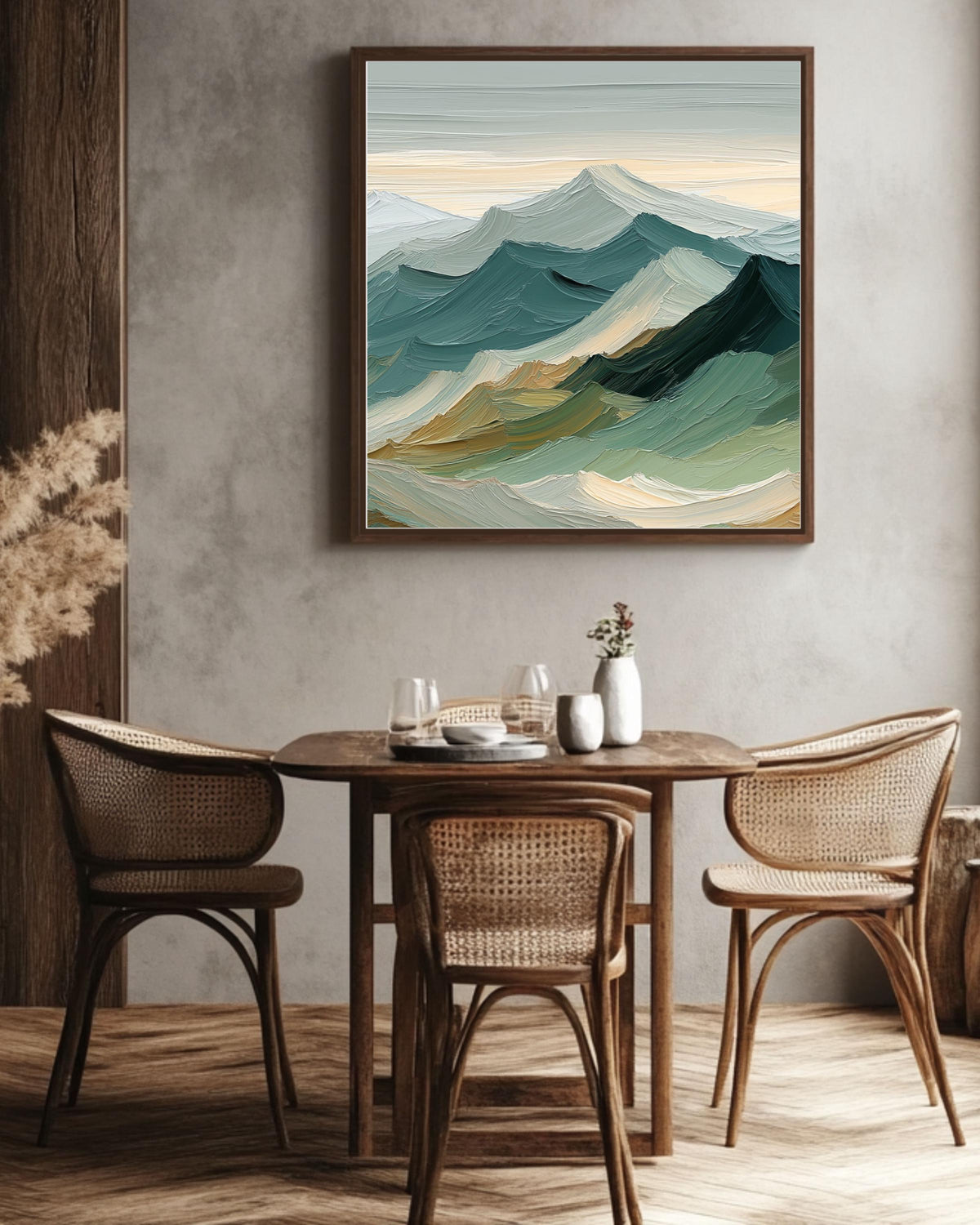 Sage Green Mountain Canvas Art: Japandi Landscape Painting