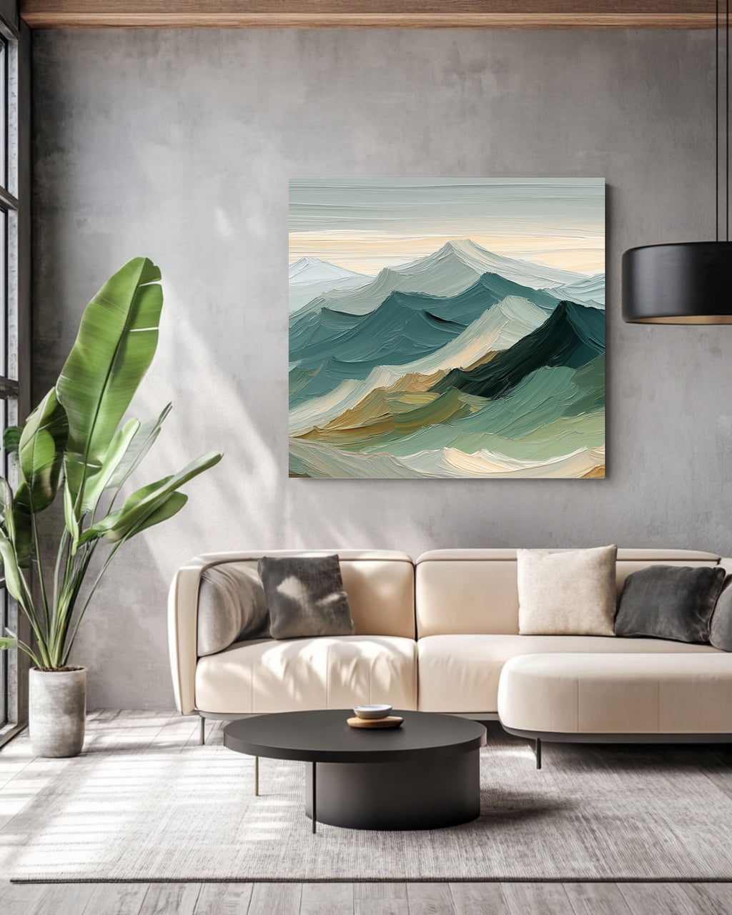 Sage Green Mountain Canvas Art: Japandi Landscape Painting