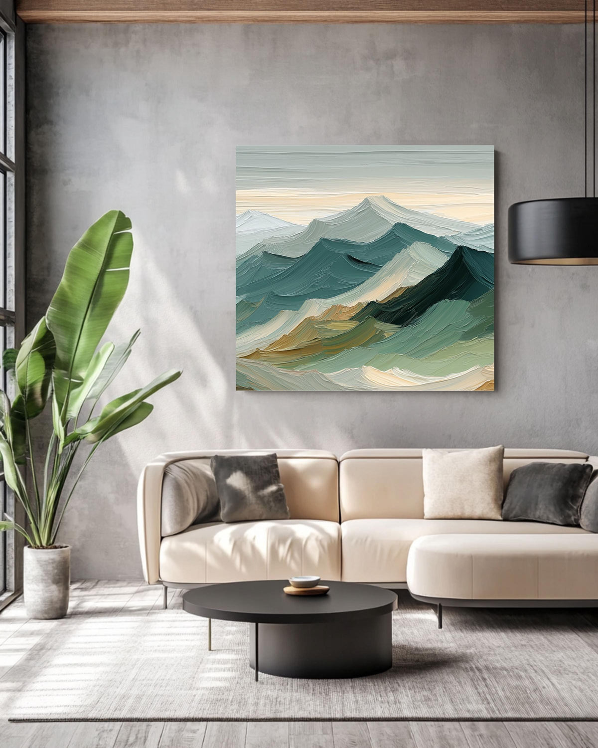 Sage Green Mountain Canvas Art: Japandi Landscape Painting
