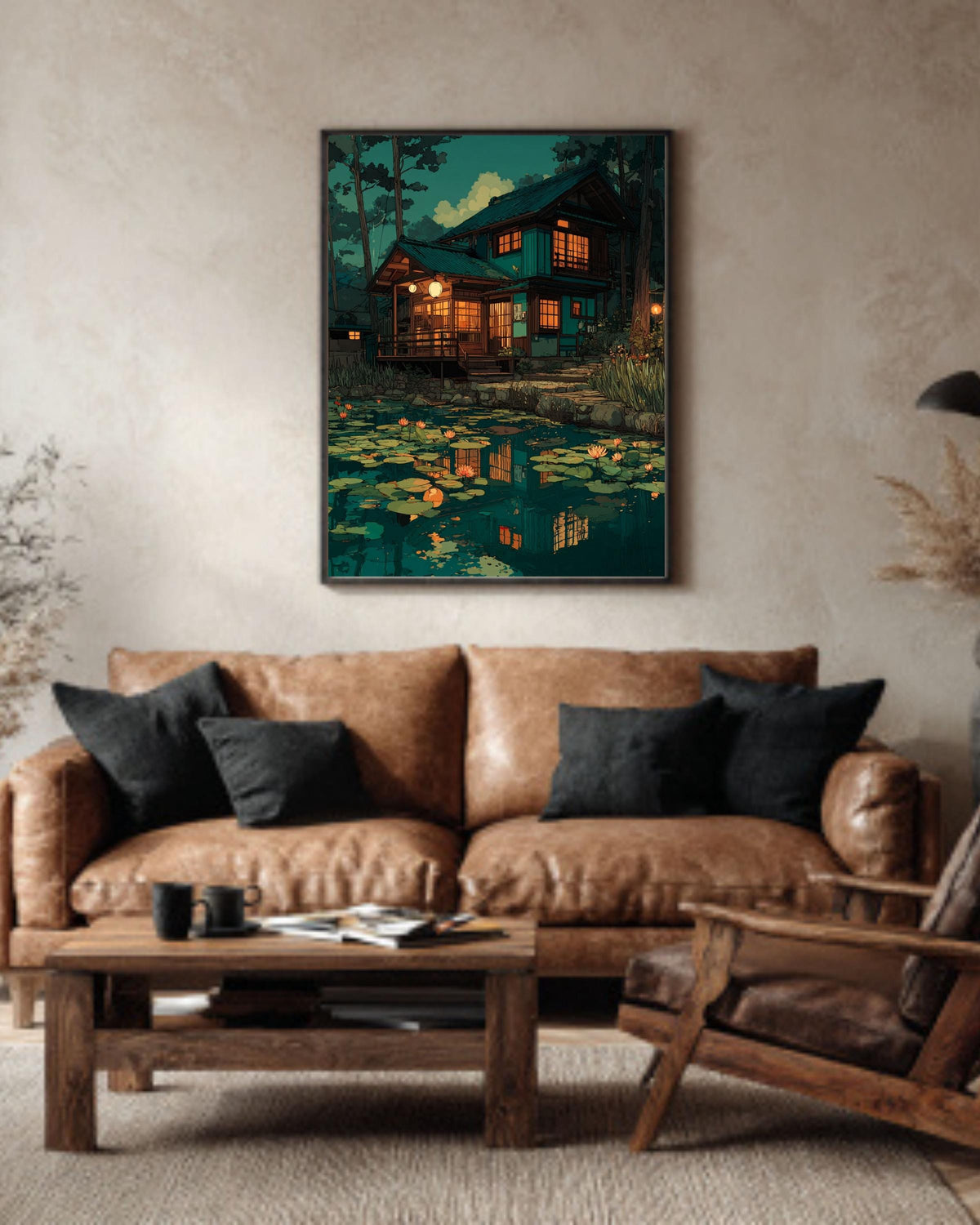 Japanese Garden Canvas, Zen Pond Scenery Art, Oriental Landscape Print