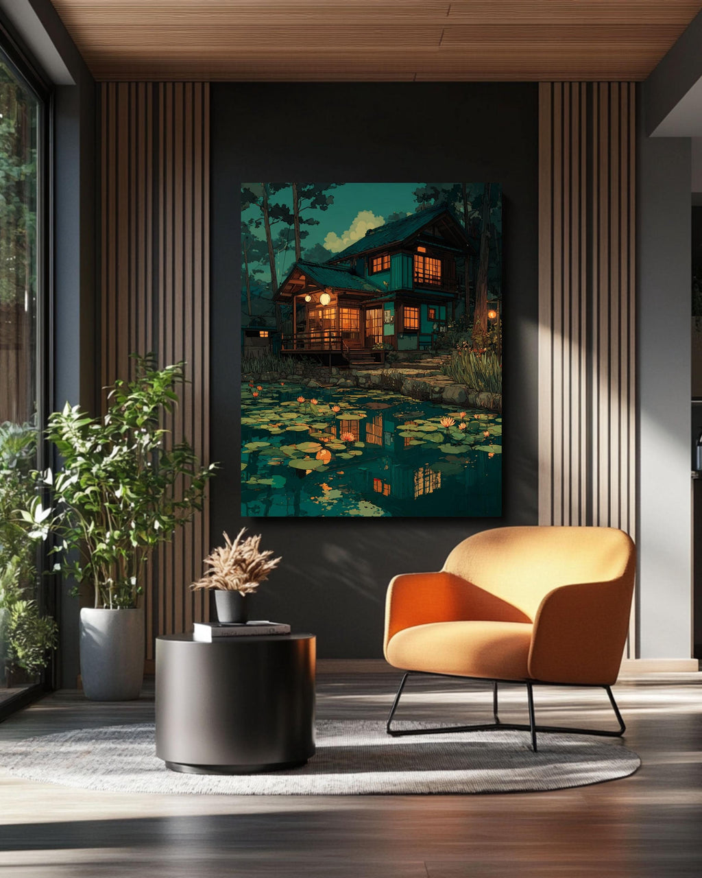 Japanese Garden Canvas, Zen Pond Scenery Art, Oriental Landscape Print
