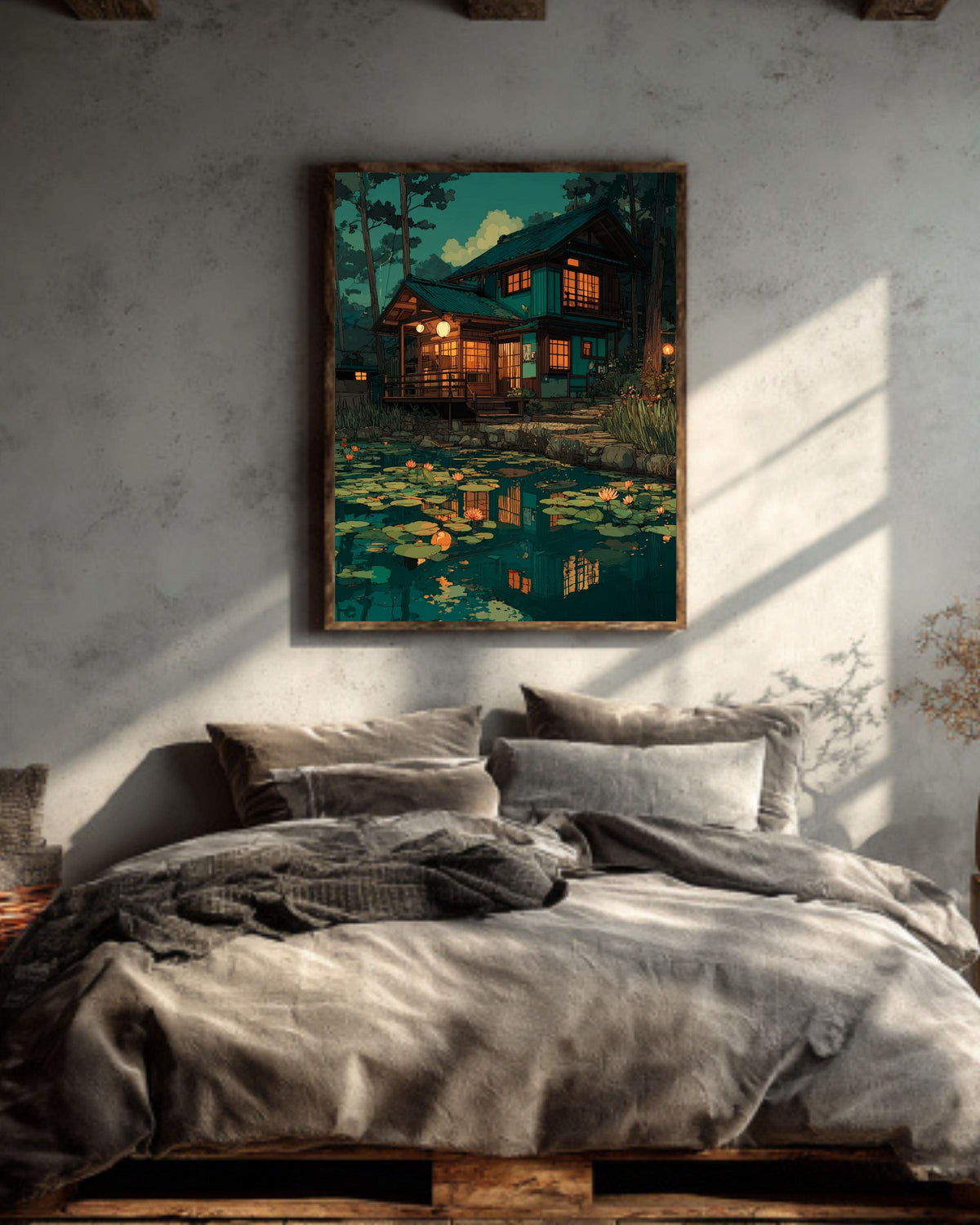 Japanese Garden Canvas, Zen Pond Scenery Art, Oriental Landscape Print