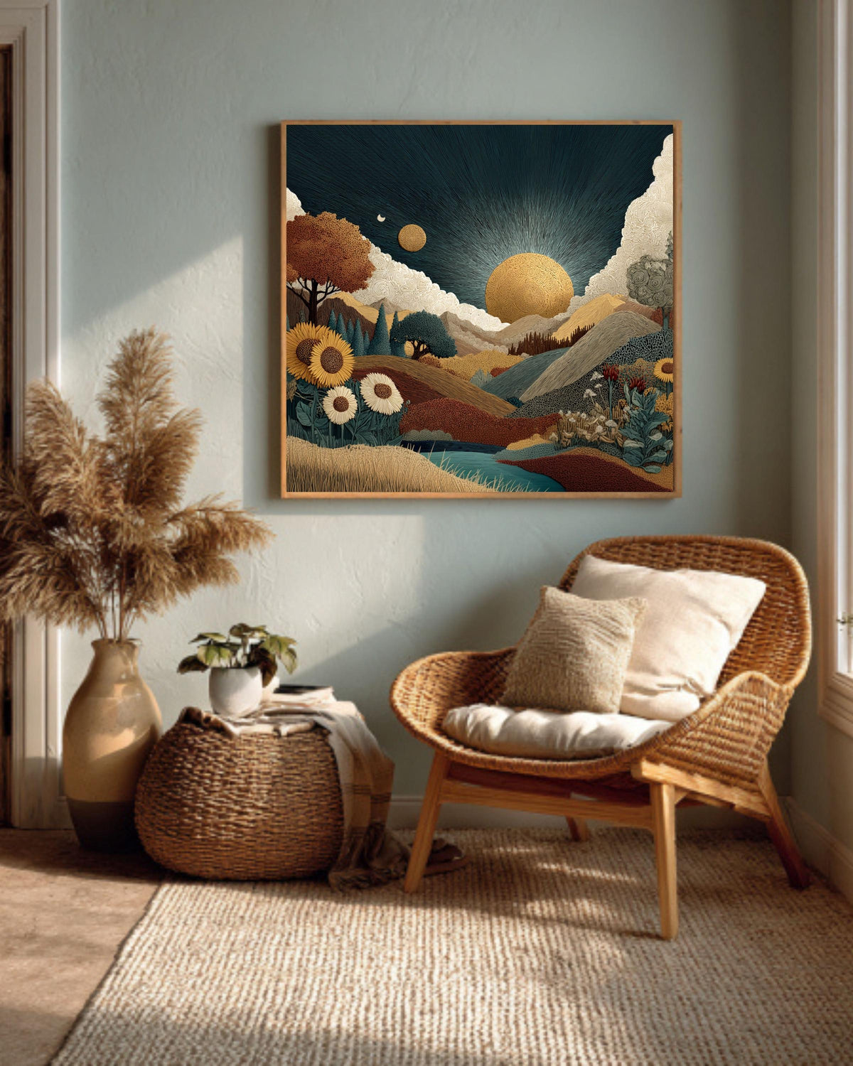 Southwestern Sun Canvas Print, Boho Mountain Landscape, Floral Decor