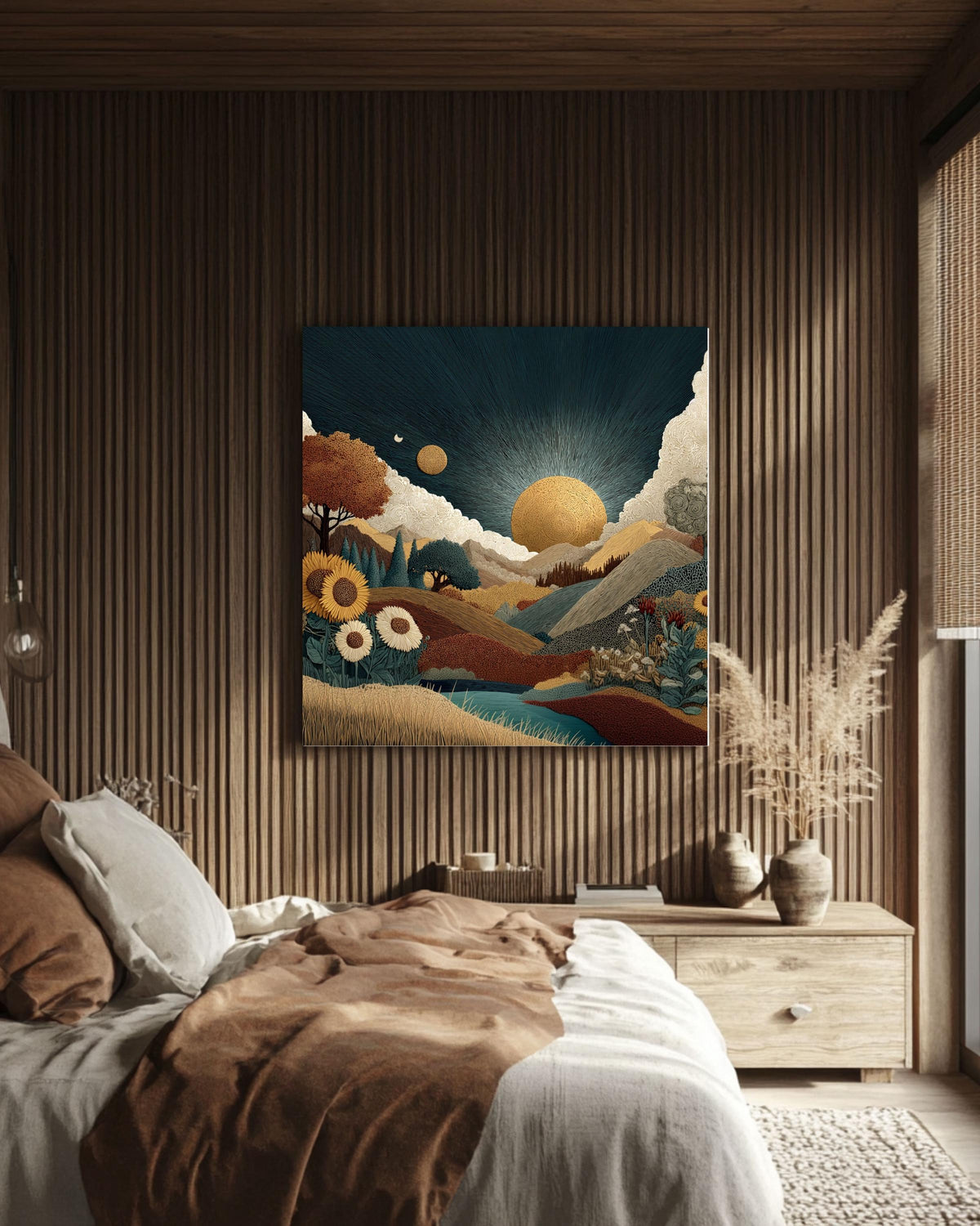 Southwestern Sun Canvas Print, Boho Mountain Landscape, Floral Decor