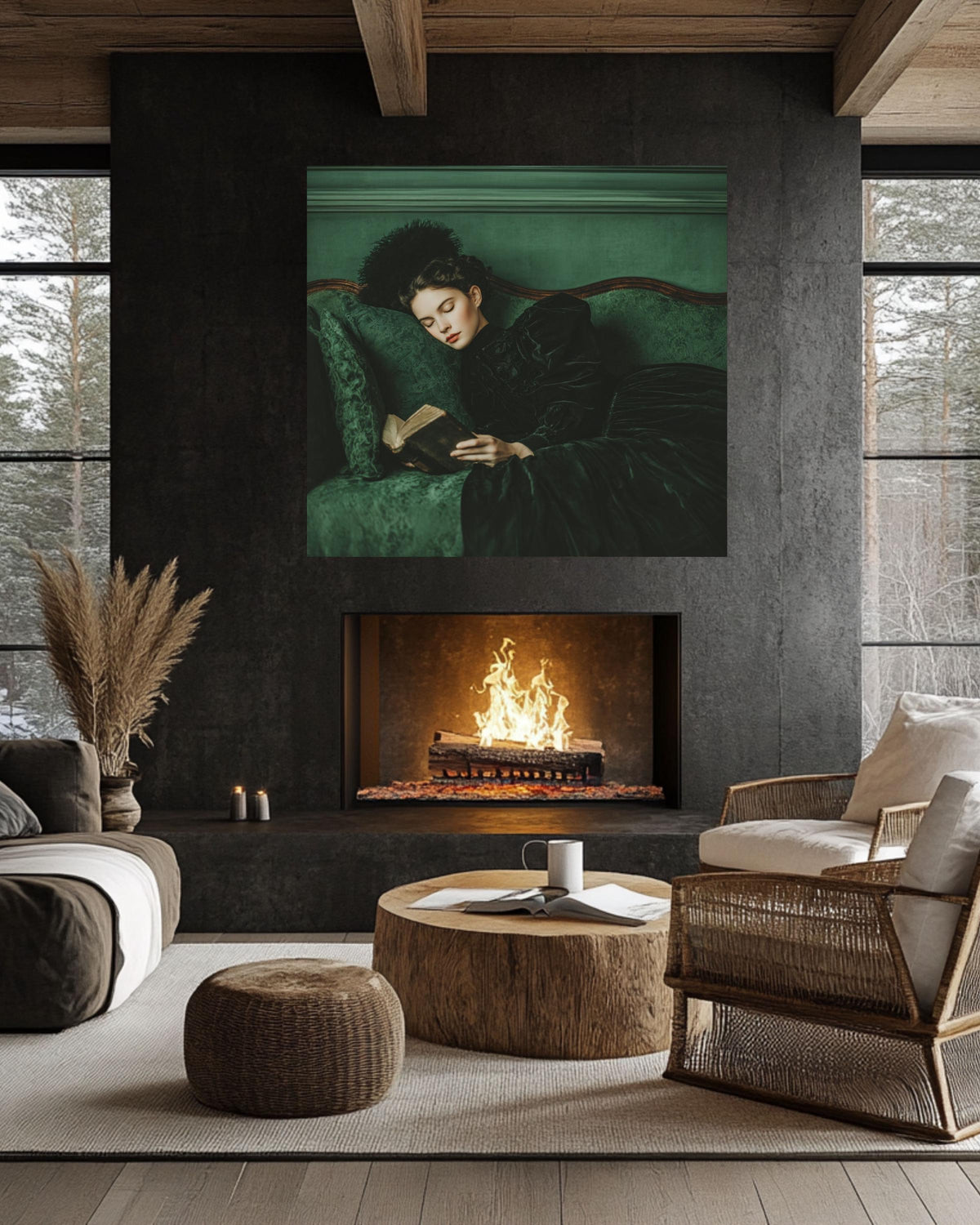 Victorian Woman Canvas Art, Elegant Reading Lady, Green Sofa Print
